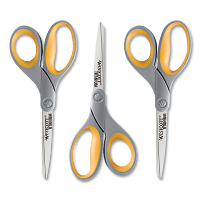 Westcott TITANIUM BONDED SCISSORS, 8" LONG, 3.5" CUT LENGTH, GRAY/YELLOW STRAIGHT HANDLE, 3/BOX (24395089)