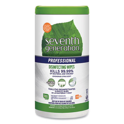 Seventh Generation Professional Disinfecting Multi-Surface Wipes, 8 x 7, Lemongrass Citrus, 70/Canister (44753EA)