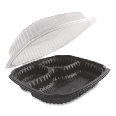 Anchor Packaging Culinary Lites Microwavable 3-Compartment Container, 20 oz/5 oz/5 oz, 9 x 9 x 3.13, Clear/Black, Plastic, 100/Carton (4699931)