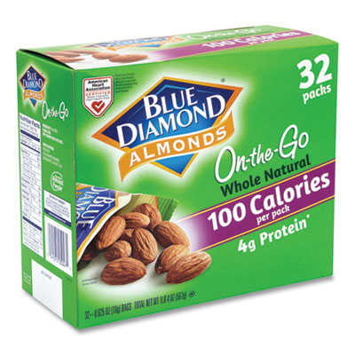 Blue Diamond Whole Natural Almonds On-the-Go, 0.63 oz Pouch, 32 Pouches/Carton (22000512)