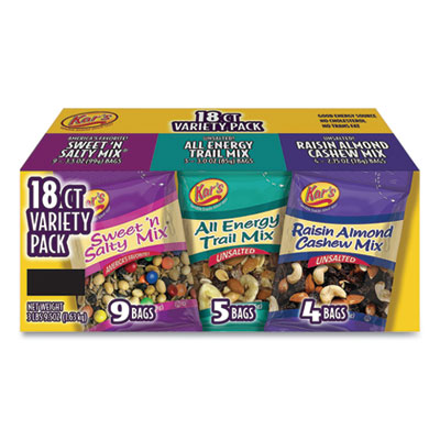 Kar's Trail Mix Variety Pack, Assorted Flavors, 18 Packets/Carton (28800004)