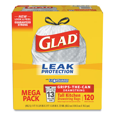 Glad FORCEFLEXPLUS ODORSHIELD TALL KITCHEN DRAWSTRING TRASH BAGS, 13 GAL, 0.72 MIL, 23.75" X 25.38", WHITE, 120/BOX (2191432)