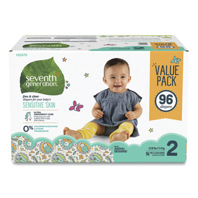 Seventh Generation FREE AND CLEAR BABY DIAPERS, SIZE 2, 12 LBS TO 18 LBS, 96/CARTON (24400160)