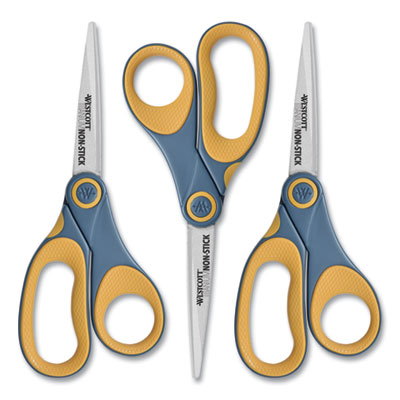 Westcott Non-Stick Titanium Bonded Scissors, 8" Long, 3.25" Cut Length, Gray/Yellow Straight Handles, 3/Pack (15454)