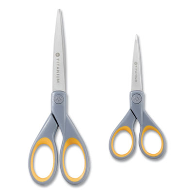Westcott Titanium Bonded Scissors, 5" and 7" Long, 2.25" and 3.5" Cut Lengths, Gray/Yellow Straight Handles, 2/Pack (13824)