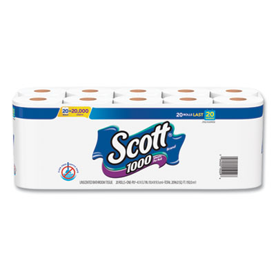 Scott 1000 Bathroom Tissue, Septic Safe, 1-Ply, White, 1,000 Sheets/Roll, 20 Rolls/Pack, 2 Packs/Carton (20032CT)