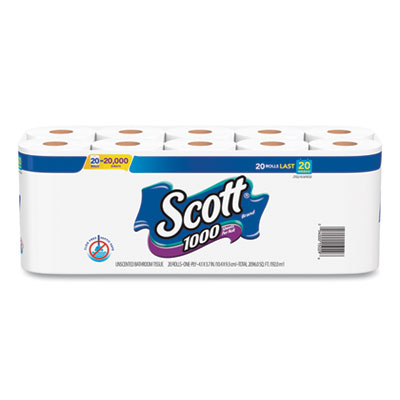 Scott 1000 Bathroom Tissue, Septic Safe, 1-Ply, White, 1,000 Sheets/Roll, 20 Rolls/Pack (20032)