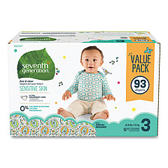 Seventh Generation FREE AND CLEAR BABY DIAPERS, SIZE 3, 16 LBS TO 24 LBS, 93/CARTON (24400163)