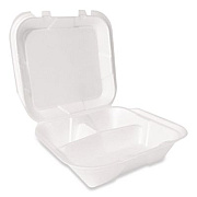 Plastifar Foam Hinged Lid Container, Secure Two Tab Latch, Poly Bag, 3 Compartments, 9 x 9 x 3, White, 100/Bag, 2 Bags/Carton (12094)