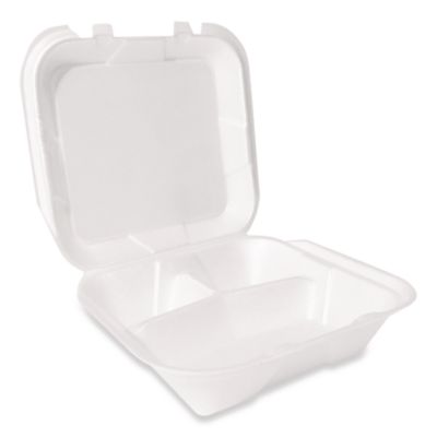 Plastifar Foam Hinged Lid Container, Secure Two Tab Latch, Poly Bag, 3 Compartments, 9 x 9 x 3, White, 100/Bag, 2 Bags/Carton (12094)