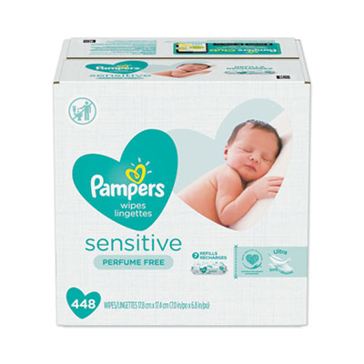 Pampers Sensitive Baby Wipes, White, Cotton, Unscented, 64/Pouch, 7 Pouches/Carton (19513CT)