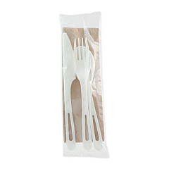 World Centric TPLA Wrapped Cutlery, Fork/Knife/Napkin/Spoon, Plastic, Light Beige, 250/Carton (ASPSTN)