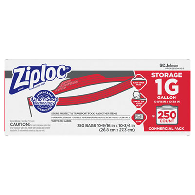 Ziploc Double Zipper Storage Bags, 1 gal, 1.75 mil, 10.56" x 10.75", Clear, 250/Box (682257)
