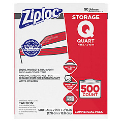 Ziploc Double Zipper Storage Bags, 1 qt, 1.75 mil, 7" x 7.75", Clear, 500/Box (682256)