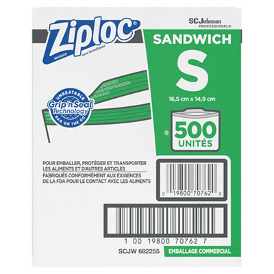 Ziploc Resealable Sandwich Bags, 1.2 mil, 6.5" x 6", Clear, 500/Box (682255)