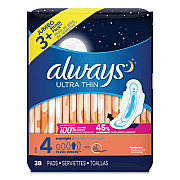 Always Ultra Thin Overnight Pads With Wings, 38/pack (95236PK)
