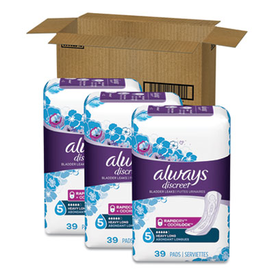 Always Discreet Sensitive Bladder Protection Pads, Heavy Absorbency, Long, 39/Pack, 3 Packs/Carton (92729)