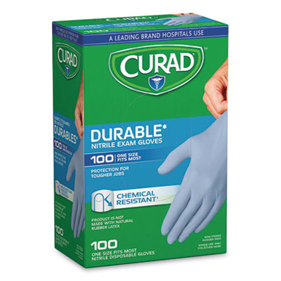 Curad Powder-Free Nitrile Exam Gloves, One Size Fits Most, 3.5 mil Thick, 7.36" Long, Blue, 100/Box (CUR4145R)