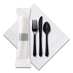 Hoffmaster CaterWrap Cater to Go Express Cutlery Kit, Heavyweight, Fork/Knife/Napkin/Spoon, Plastic, Black, 100/Carton (119901)