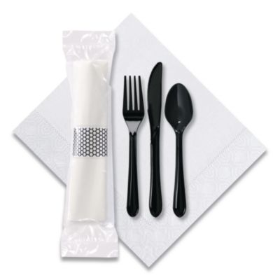 Hoffmaster CaterWrap Cater to Go Express Cutlery Kit, Heavyweight, Fork/Knife/Napkin/Spoon, Plastic, Black, 100/Carton (119901)
