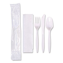 Hoffmaster Economy Cutlery Kit, Fork/Knife/Napkin/Spoon, Plastic, White, 250/Carton (117799)