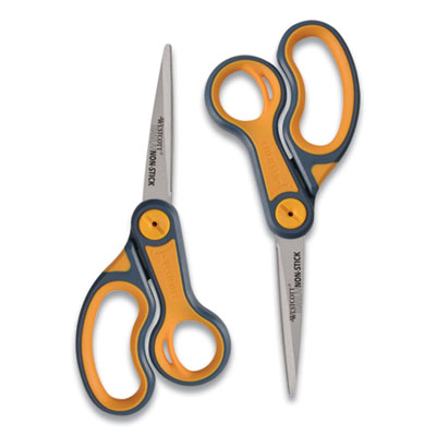 Westcott Non-Stick Titanium Bonded Scissors, 8" Long, 3.25" Cut Length, Gray/Orange Straight Handles, 2/Pack (16550)