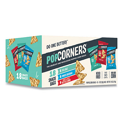 Medora Snacks POPCORNERS POPPED CORN CHIPS VARIETY SNACK BAGS, SEA SALT, SWEET AND SALTY KETTLE CORN, WHITE CHEDDAR, 1 OZ BAG, 18/CARTON (24403381)