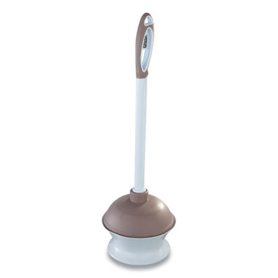 Quickie PLASTIC TOILET PLUNGER AND CADDY WITH MICROBAN, 16" PLASTIC HANDLE, 6.5" DIA, WHITE/TAUPE (2836115)