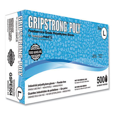 GripStrong Poly Foodservice Grade Polyethylene Gloves, Powder-Free, Large, 9.5" Long, Clear, 500/Box, 20 Boxes/Carton (GSPE504)