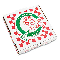 CORRUGATED KRAFT PIZZA BOXES, E-FLUTE, WHITE/RED/GREEN, 10" PIZZA, 10 X 10 X 1.75, 50/CARTON (PZCORE10P)