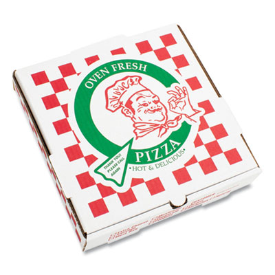 CORRUGATED KRAFT PIZZA BOXES, B-FLUTE, WHITE/RED/GREEN, 14" PIZZA, 14 X 14 X 2.5, 50/CARTON (PZCORB14P)