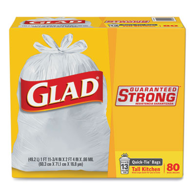 Glad Tall Kitchen Quick-Tie Bags, 13 gal, 0.66 mil, 23.75" x 28", White, 80/Box (60034BX)