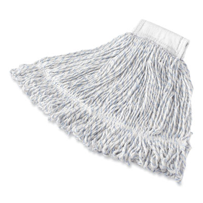 Rubbermaid Commercial Super Stitch Finish Mop Heads, Polyester/Rayon, Medium, White/Blue, 1" White Headband (55206WH00)