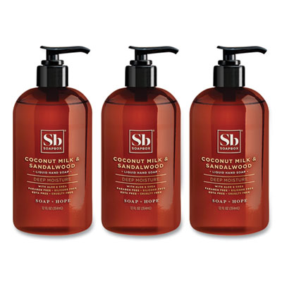 Soapbox Hand Soap, Coconut Milk and Sandalwood, 12 oz Pump Bottle, 3/Box (00676BX)