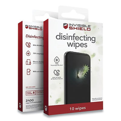 ZAGG INVISIBLESHIELD DISINFECTING WIPES FOR ELECTRONIC DEVICES, SPUN FIBER, 3 X 3, 10/PACK (24444307)