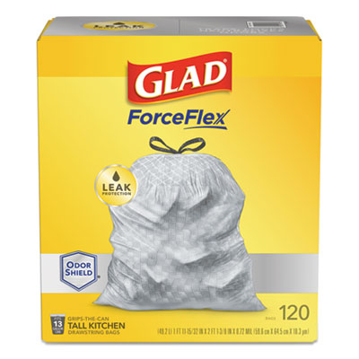 Glad ODORSHIELD TALL KITCHEN DRAWSTRING BAGS, 13 GAL, 18.3 MIC, 25.4" X 23.75", WHITE, 120/BOX (24401951)