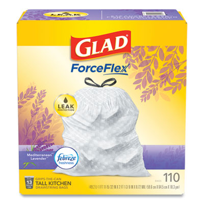 Glad ODORSHIELD WITH FEBREZE, 13 GAL, 0.72 MIL, 25.75" X 11.75", WHITE, 110/BOX (24401952)