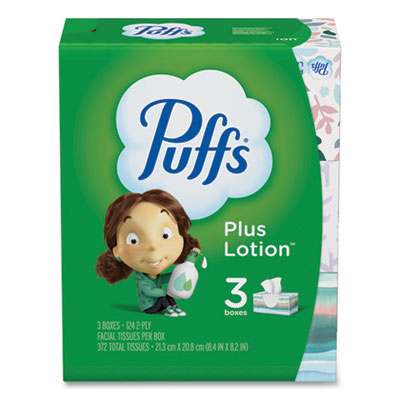 Puffs Plus Lotion Facial Tissue, 2-Ply, White, 124 Sheets/Box, 3 Box/Pack, 8 Packs/Carton (39363)