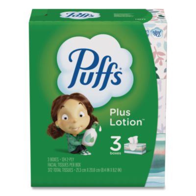 Puffs Plus Lotion Facial Tissue, 2-Ply, White, 124 Sheets/Box, 3 Box/Pack (39363PK)
