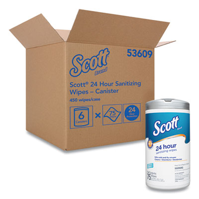 Scott 24-Hour Sanitizing Wipes, 4.5 x 8.25, White, 75/Canister, 6 Canisters/Carton (53609)