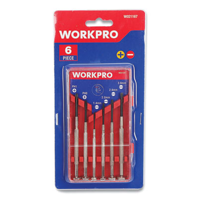 Workpro Six-Piece Precision Screwdriver Set, #1 and #2 Phillips Tips, 1.4 mm to 3 mm Slotted Tips, Assorted Shank Lengths (W021167WE)