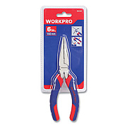 Workpro Long Nose Pliers, 6" Long, Ni-Fe-Coated Drop-Forged Carbon Steel, Blue/Red Soft-Grip Handle (W031001WE)