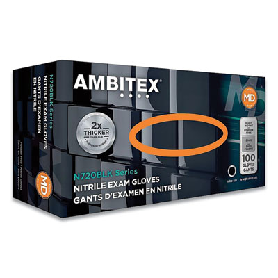 AMBITEX N720 Series Powder-Free Nitrile Gloves, Medium, 6 mil Thick, 12" Long, Black, 100/Box, 10 Boxes/Carton (NMD720BLK)