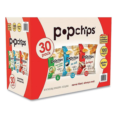 popchips POTATO CHIPS, VARIETY PACK, SEA SALT; SOUR CREAM AND ONION, BARBEQUE, 0.8 OZ POUCH, 30/CARTON (24296741)