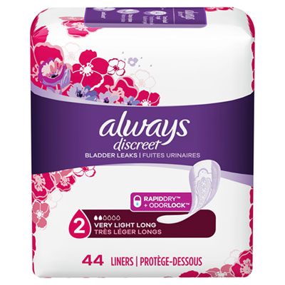 Always Discreet Incontinence Liners, Very Light Absorbency, Long, 44/Pack (92724PK)