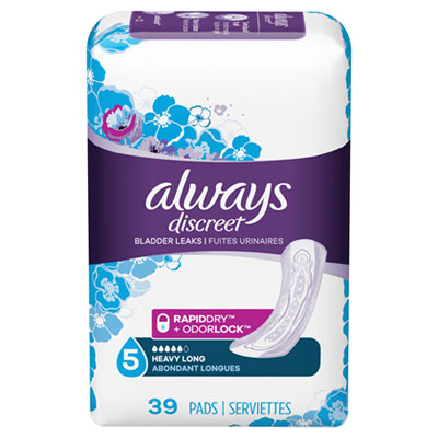 Always Discreet Sensitive Bladder Protection Pads, Heavy Absorbency, Long, 39/Pack (92729PK)