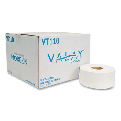 Morcon Tissue Valay Mini Jumbo Bath Tissue, Septic Safe, 2-Ply, 3.25" x 750 ft, White, 12 Rolls/Carton (VT110)