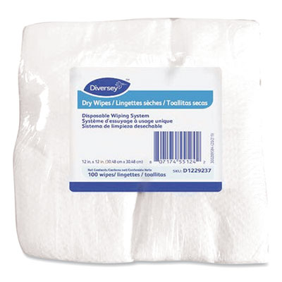 Diversey Dry Wipe Disposable Wiping System, 1-Ply, 12 x 12, Unscented, White, 100/Pack, 6 Packs/Carton (D1229237)