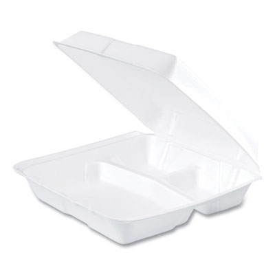 Dart Foam Hinged Lid Containers, 3 Compartments, 9.25 x 9.5 x 3, White, 100/Sleeve, 2 Sleeves/Carton (95HT3R)