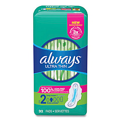 Always Ultra Thin Pads with Wings, Size 2, Long, Super Absorbent, 32/Pack (97020PK)